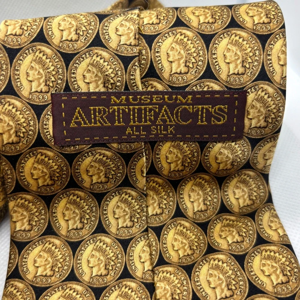Museum Artifacts Necktie Mens Gold Black Indian Head Penny Coin Handmade Silk